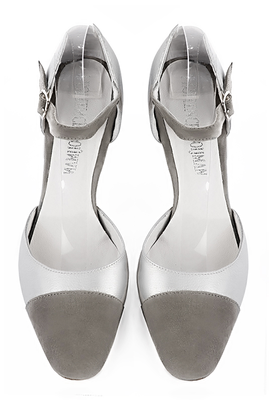 Dove grey and light silver women's open side shoes, with an instep strap. Round toe. High slim heel. Top view - Florence KOOIJMAN